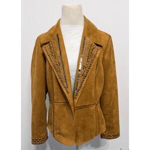 Chico’s women's embellished faux suede jacket sz 1 luxe boho chic artisan glam
